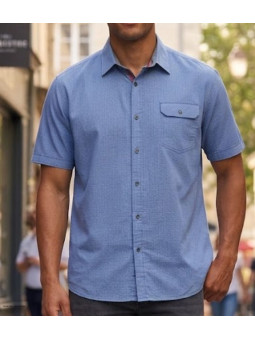 Chemise manches courtes pour homme CHALLENGER TEODOR1 coloris bleu imprimé petits motifs avec poche poitrine à rabat