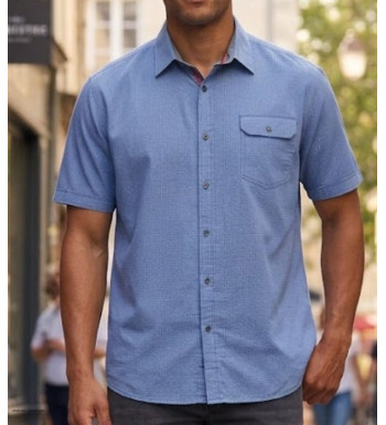 Chemise manches courtes pour homme CHALLENGER TEODOR1 coloris bleu imprimé petits motifs avec poche poitrine à rabat