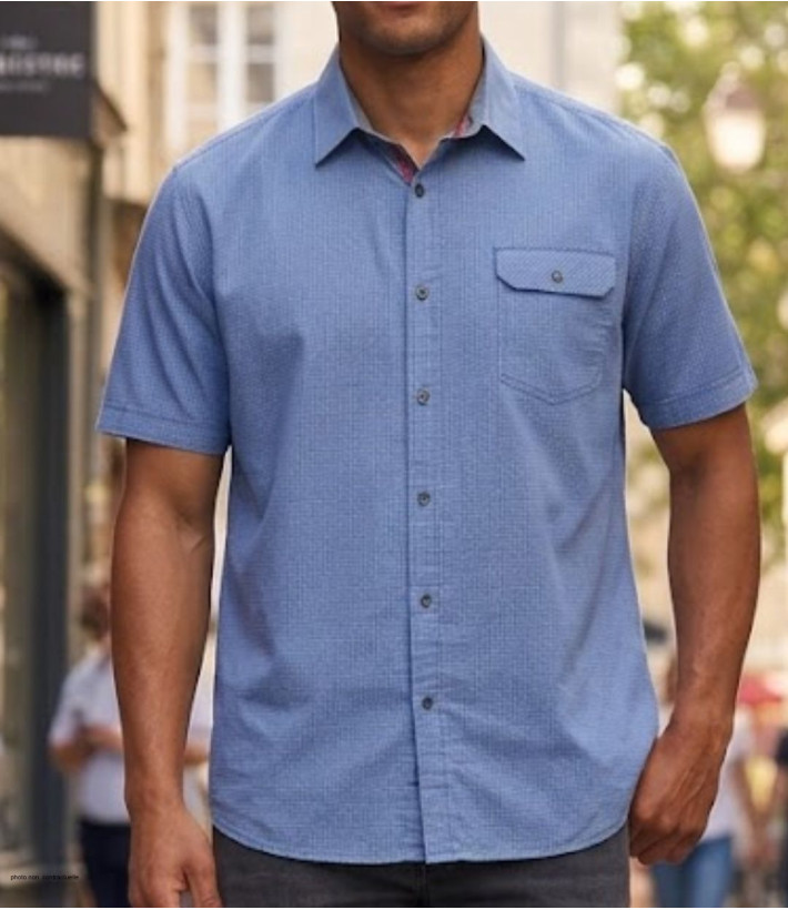 Chemise manches courtes pour homme CHALLENGER TEODOR1 coloris bleu imprimé petits motifs avec poche poitrine à rabat