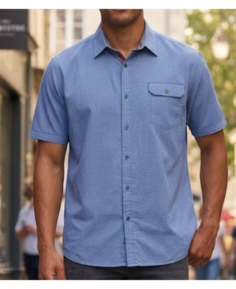 Chemise manches courtes pour homme CHALLENGER TEODOR1 coloris bleu imprimé petits motifs avec poche poitrine à rabat