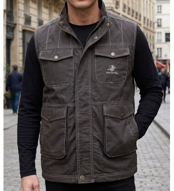 Gilet sans manches multipoches homme WINCHESTER modèle JUMPER1B coloris marron imprimé avec surpiqûres contrastées de face