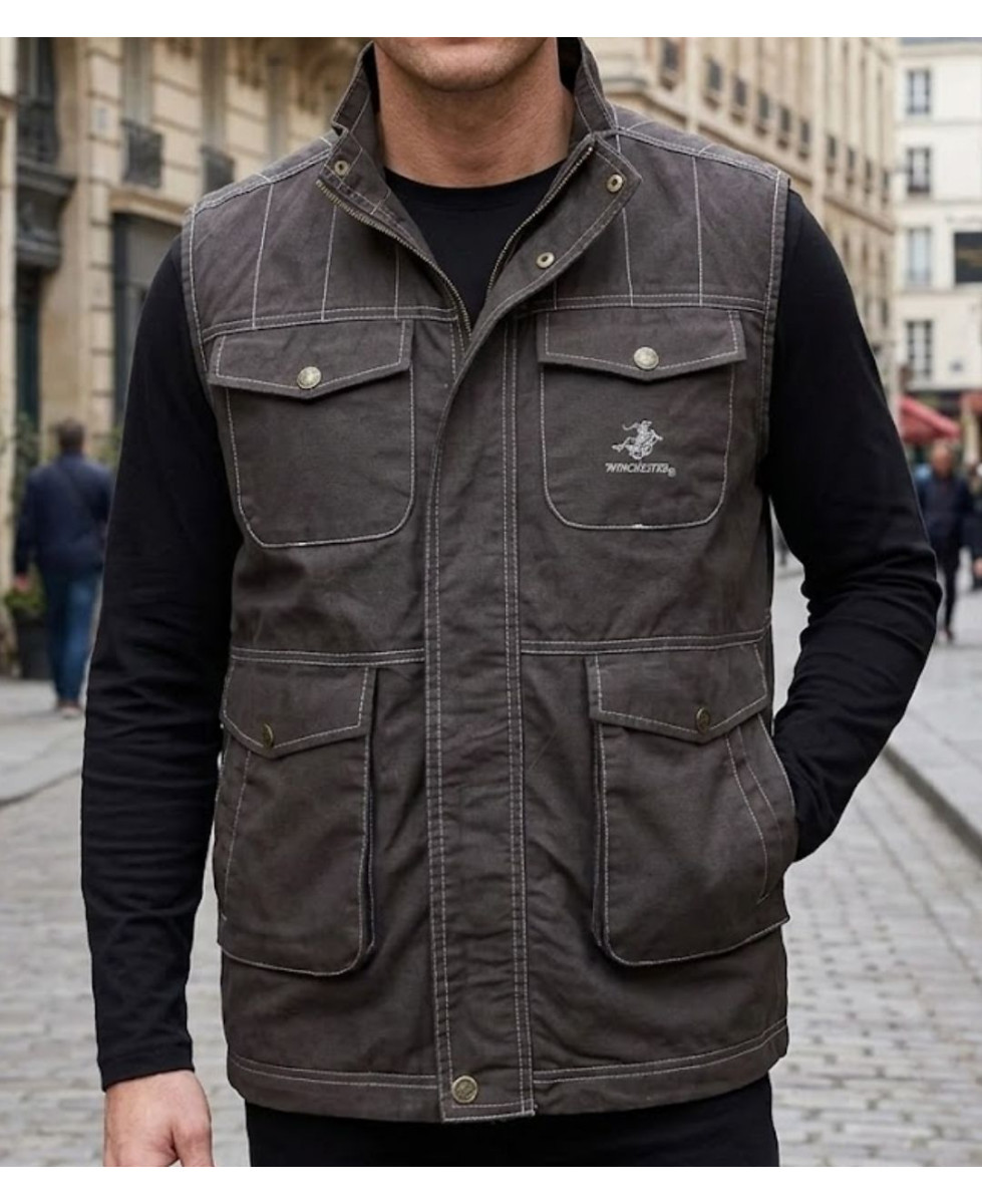 Gilet sans manches multipoches homme WINCHESTER modèle JUMPER1B coloris marron imprimé avec surpiqûres contrastées de face