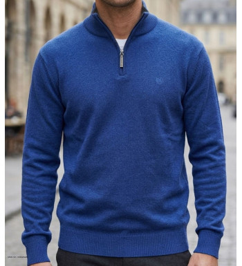 Pull uni col montant zippé pour homme CHALLENGER modèle PUL2005D coloris bleu marine avec intérieur de col gris