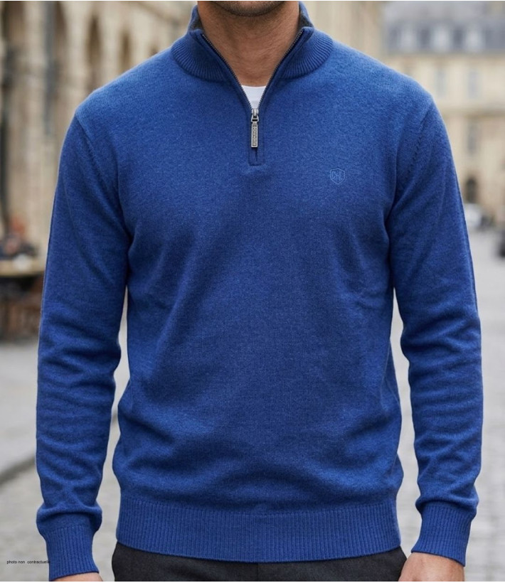 Pull uni col montant zippé pour homme CHALLENGER modèle PUL2005D coloris bleu marine avec intérieur de col gris