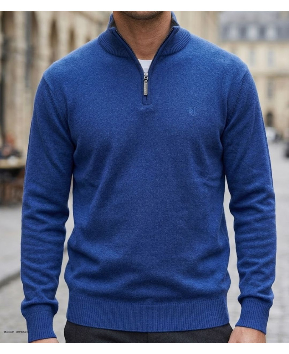 Pull uni col montant zippé pour homme CHALLENGER modèle PUL2005D coloris bleu marine avec intérieur de col gris