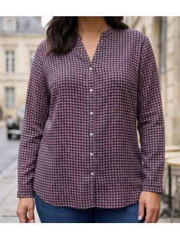 Chemisier à motifs imprimés pour femme MAYFLOWER modèle CELESTE1 en viscose fluide coloris noir et rouge avec col ouvert.