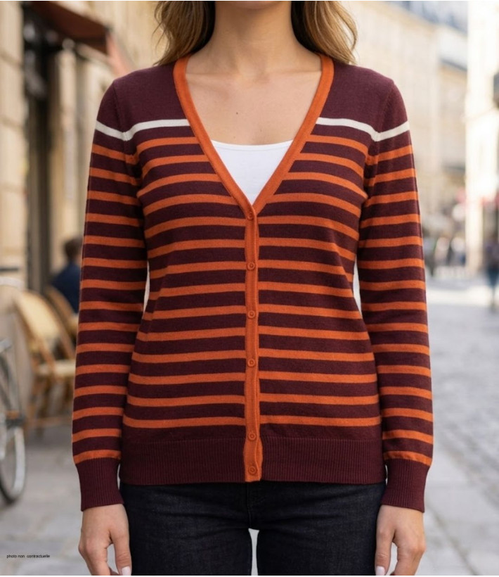 Gilet boutonné en pur coton pour femme MAYFLOWER modèle CALVI1C de coloris marron choco avec col en V.