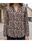 Chemisier imprimé à motifs pour femme MAYFLOWER modèle MINO1 en tissu fluide avec manches longues et col classique.