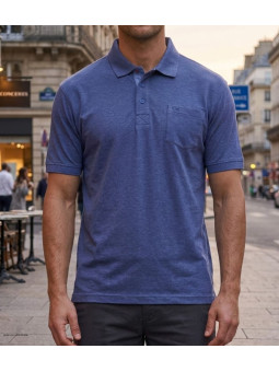 Polo manches courtes CHALLENGER modèle RUSTICO2 coloris bleu indigo en maille piquée de coton chiné avec poche poitrine.