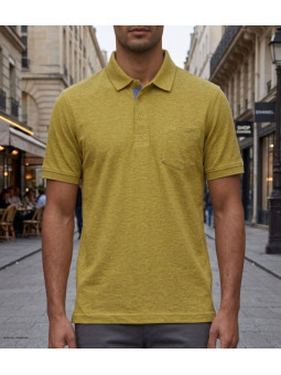 Polo manches courtes CHALLENGER modèle RUSTICO3 coloris jaune chiné en maille piquée de coton avec poche poitrine pour homme.