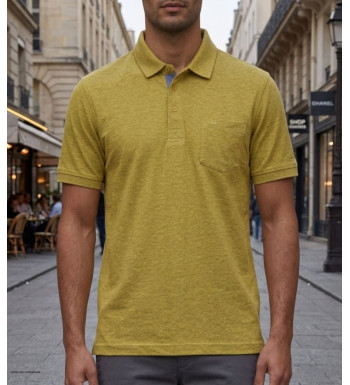 Polo manches courtes CHALLENGER modèle RUSTICO3 coloris jaune chiné en maille piquée de coton avec poche poitrine pour homme.