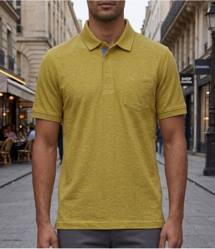 Polo manches courtes CHALLENGER modèle RUSTICO3 coloris jaune chiné en maille piquée de coton avec poche poitrine pour homme.
