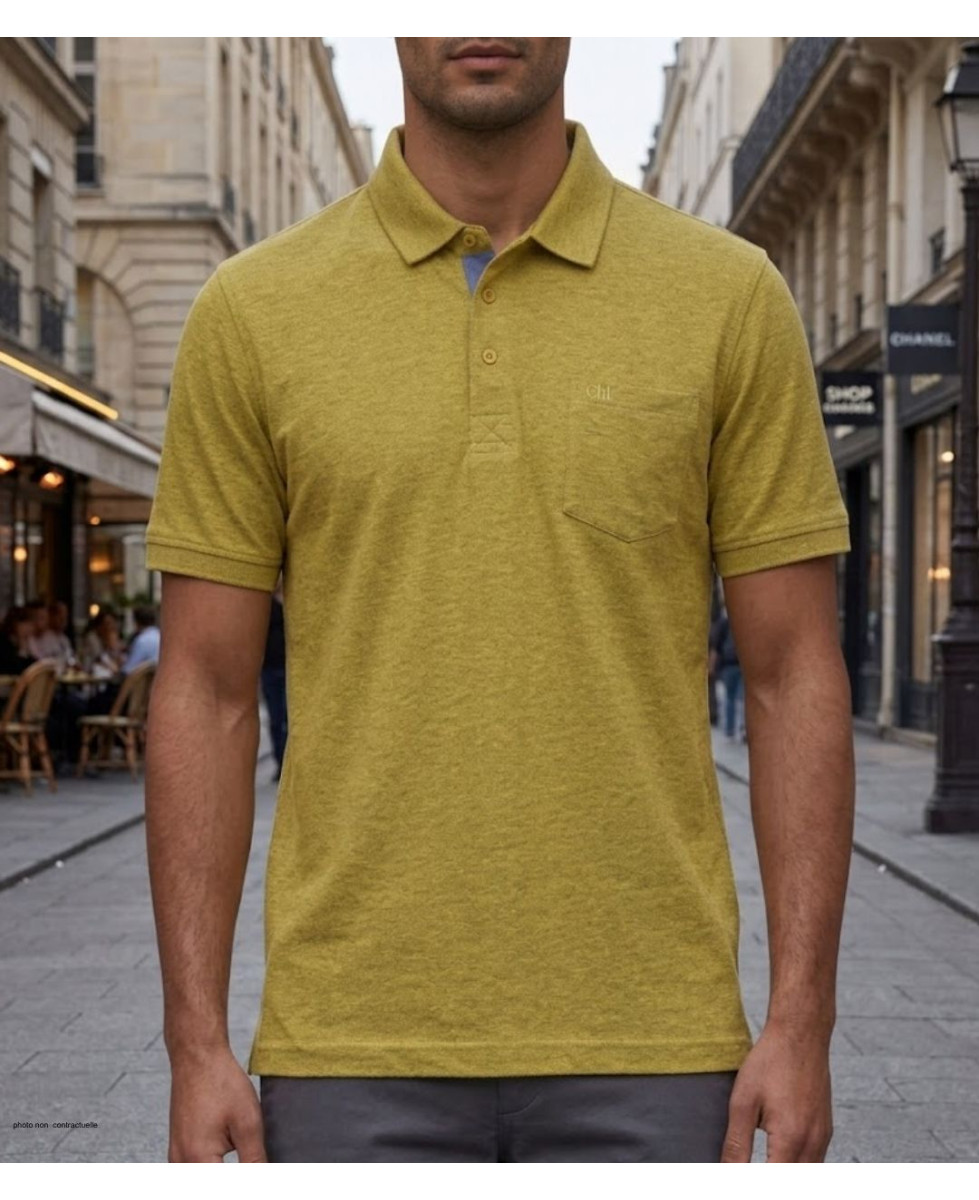 Polo manches courtes CHALLENGER modèle RUSTICO3 coloris jaune chiné en maille piquée de coton avec poche poitrine pour homme.