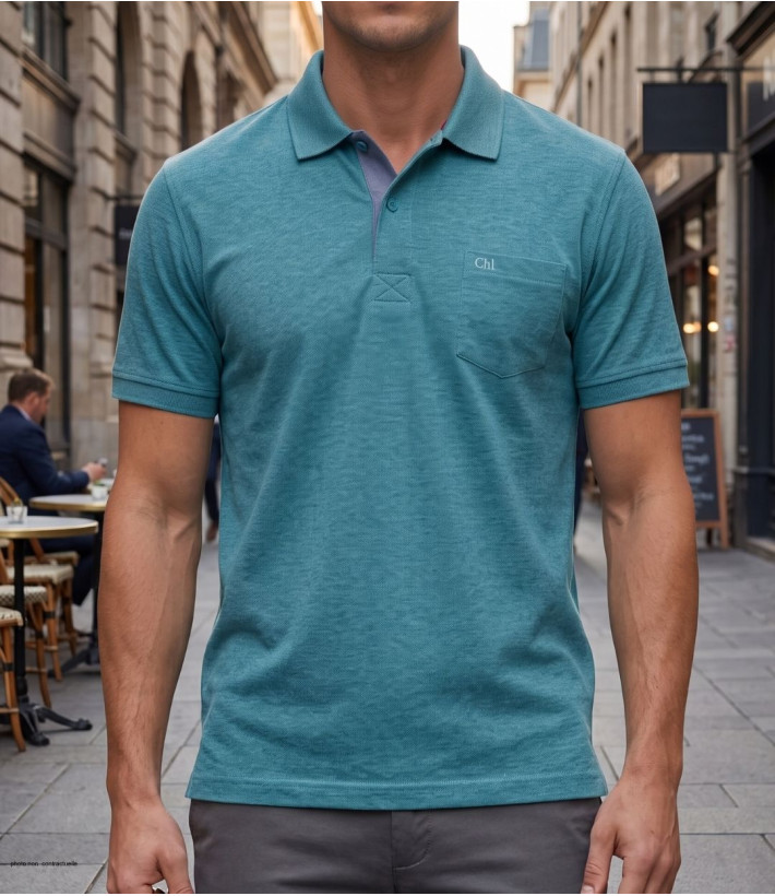 Polo manches courtes CHALLENGER modèle RUSTICO5 coloris bleu turquoise chiné en maille piquée de coton avec poche poitrine.