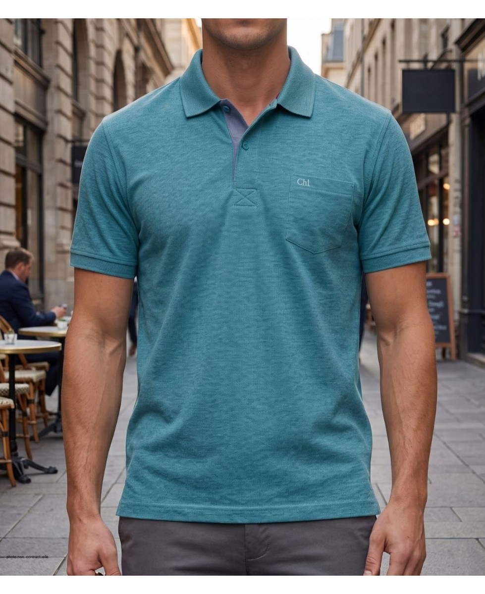 Polo manches courtes CHALLENGER modèle RUSTICO5 coloris bleu turquoise chiné en maille piquée de coton avec poche poitrine.
