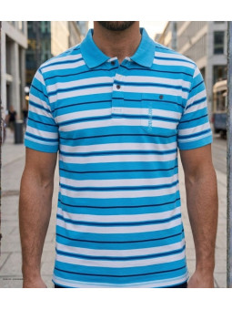 Polo manches courtes pour homme Winchester modèle Rainbow2 en coton jersey bleu avec poche poitrine et col boutonné.