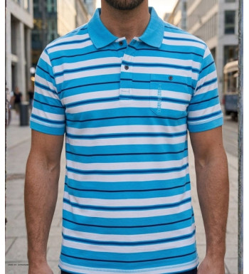 Polo manches courtes pour homme Winchester modèle Rainbow2 en coton jersey bleu avec poche poitrine et col boutonné.