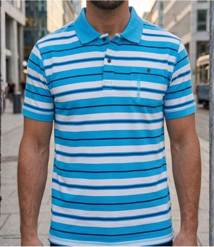 Polo manches courtes pour homme Winchester modèle Rainbow2 en coton jersey bleu avec poche poitrine et col boutonné.