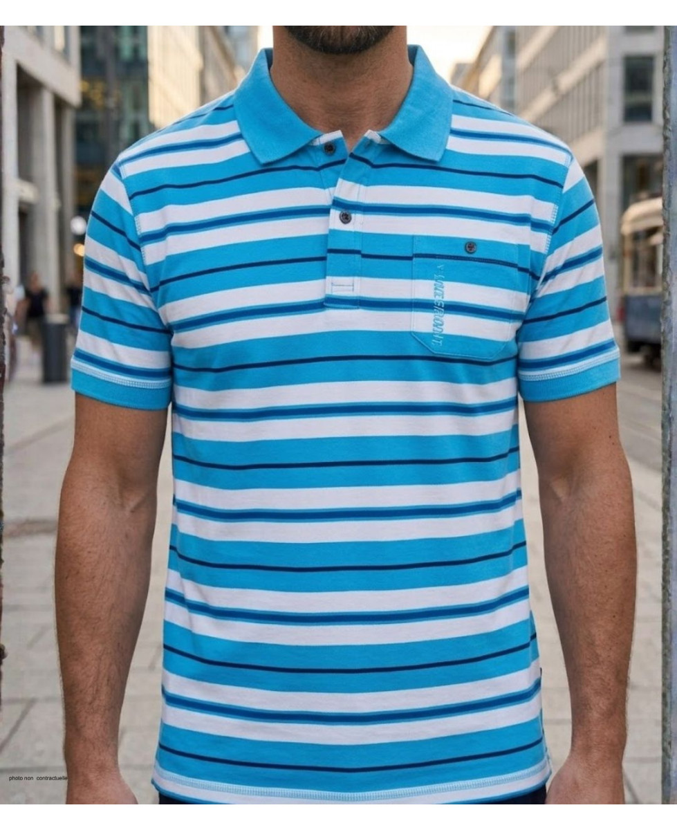 Polo manches courtes pour homme Winchester modèle Rainbow2 en coton jersey bleu avec poche poitrine et col boutonné.