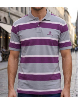 Polo manches courtes gris pour homme Winchester modèle Robin1g en coton piqué à rayures horizontales bordeaux avec col boutonné.