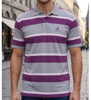 Polo manches courtes gris pour homme Winchester modèle Robin1g en coton piqué à rayures horizontales bordeaux avec col boutonné.