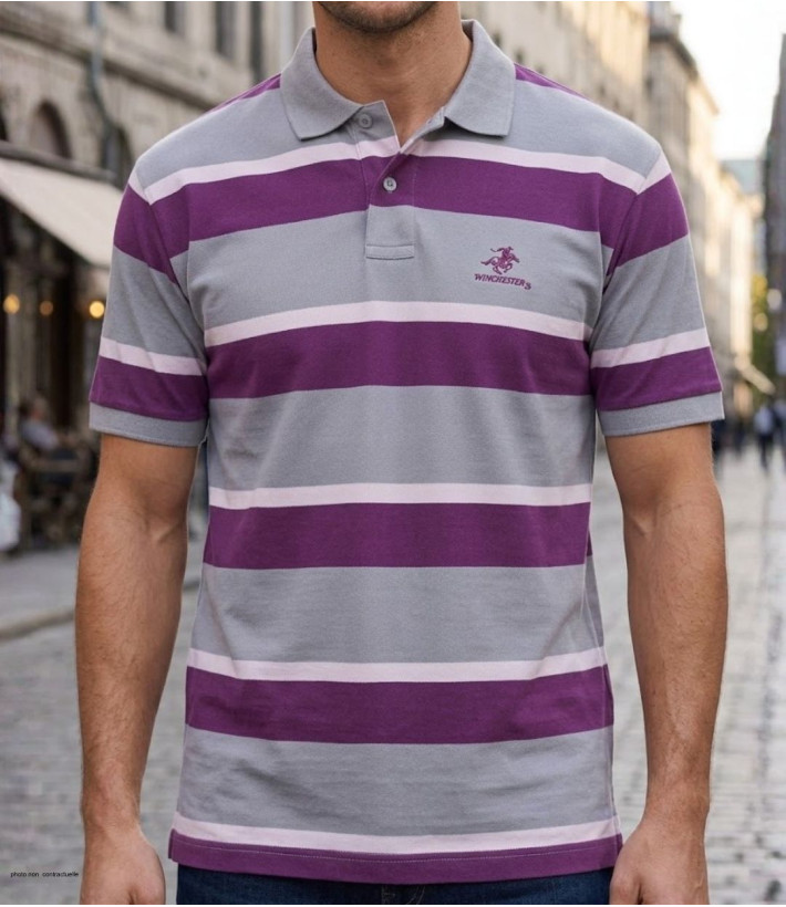 Polo manches courtes gris pour homme Winchester modèle Robin1g en coton piqué à rayures horizontales bordeaux avec col boutonné.
