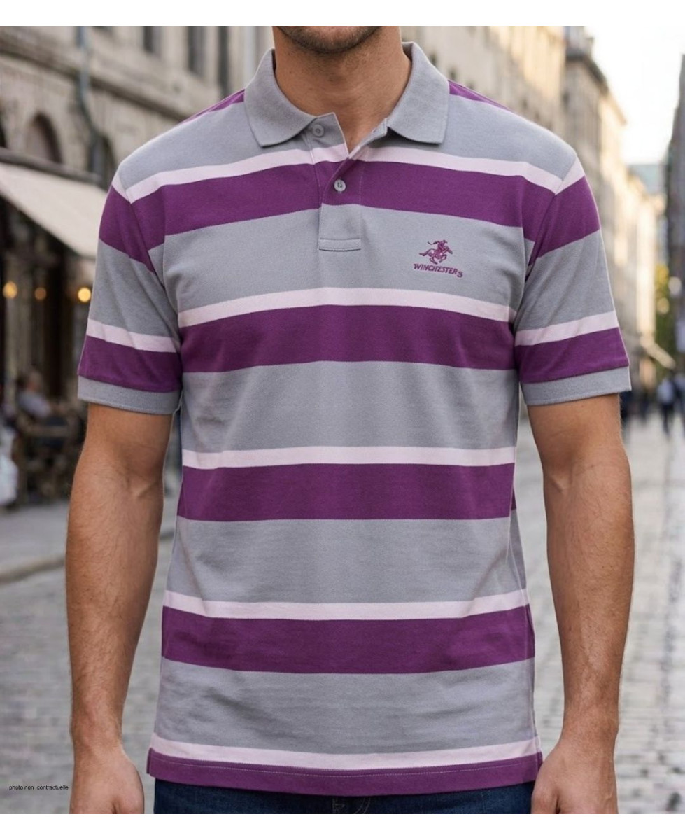 Polo manches courtes gris pour homme Winchester modèle Robin1g en coton piqué à rayures horizontales bordeaux avec col boutonné.