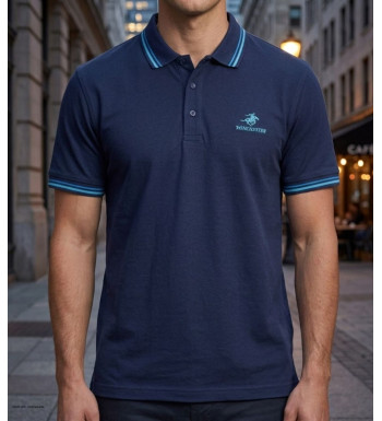 Polo manches courtes pour homme bleu marine de la marque WINCHESTER modèle ROGAN3 avec liserés au col.