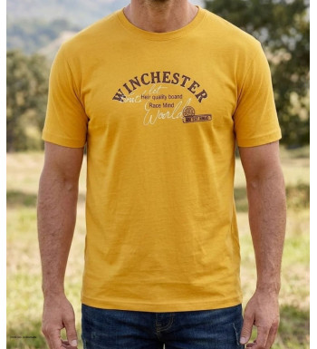 Tee-shirt manches courtes pour homme jaune en pur coton avec sérigraphie poitrine modèle SHOOTER1 Winchester.