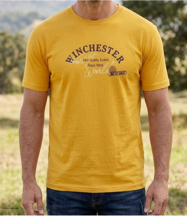 Tee-shirt manches courtes pour homme jaune en pur coton avec sérigraphie poitrine modèle SHOOTER1 Winchester.