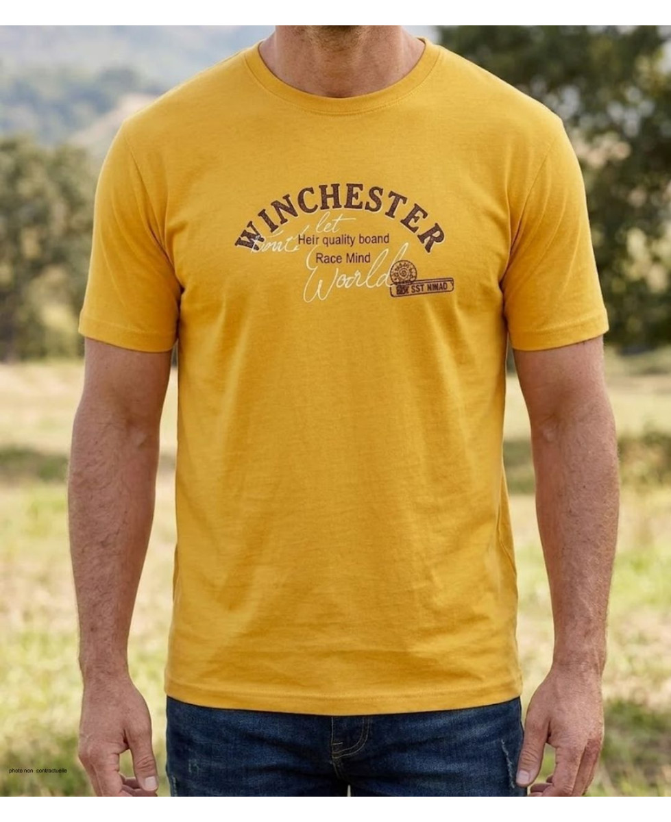 Tee-shirt manches courtes pour homme jaune en pur coton avec sérigraphie poitrine modèle SHOOTER1 Winchester.