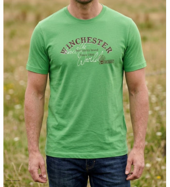 Tee-shirt à manches courtes pour homme vert en pur coton avec sérigraphie sur la poitrine modèle SHOOTER2 Winchester.