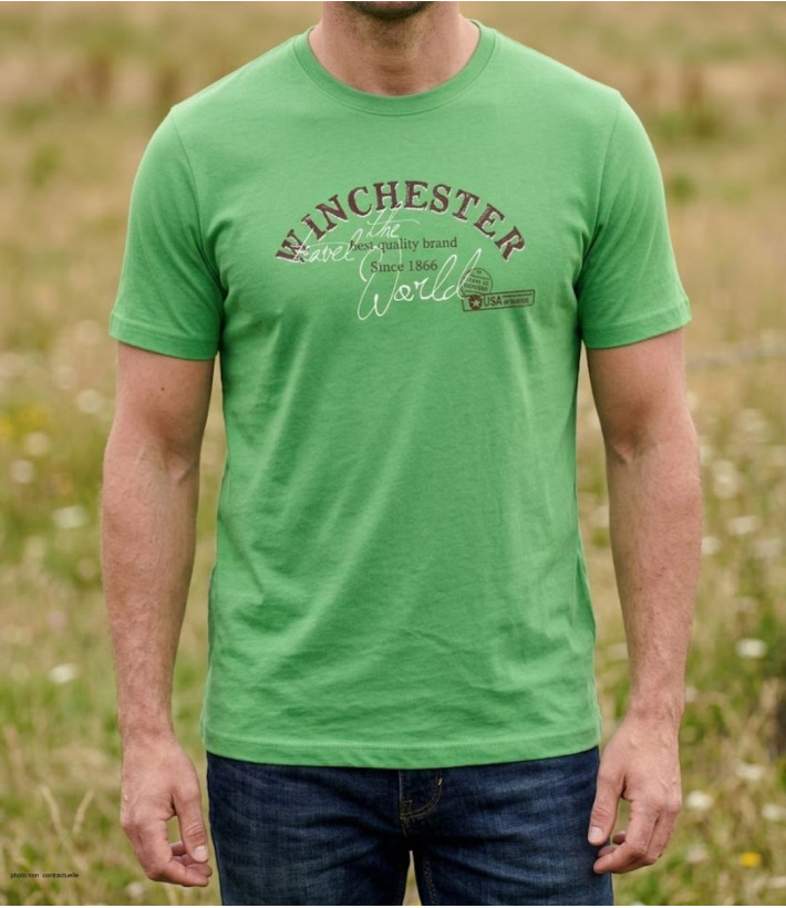 Tee-shirt à manches courtes pour homme vert en pur coton avec sérigraphie sur la poitrine modèle SHOOTER2 Winchester.