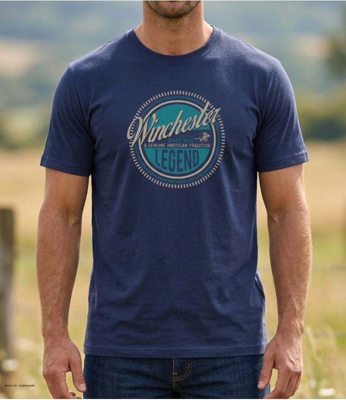 Tee-shirt à manches courtes pour homme bleu marine en coton jersey avec sérigraphie poitrine modèle SILVAN2 Winchester.