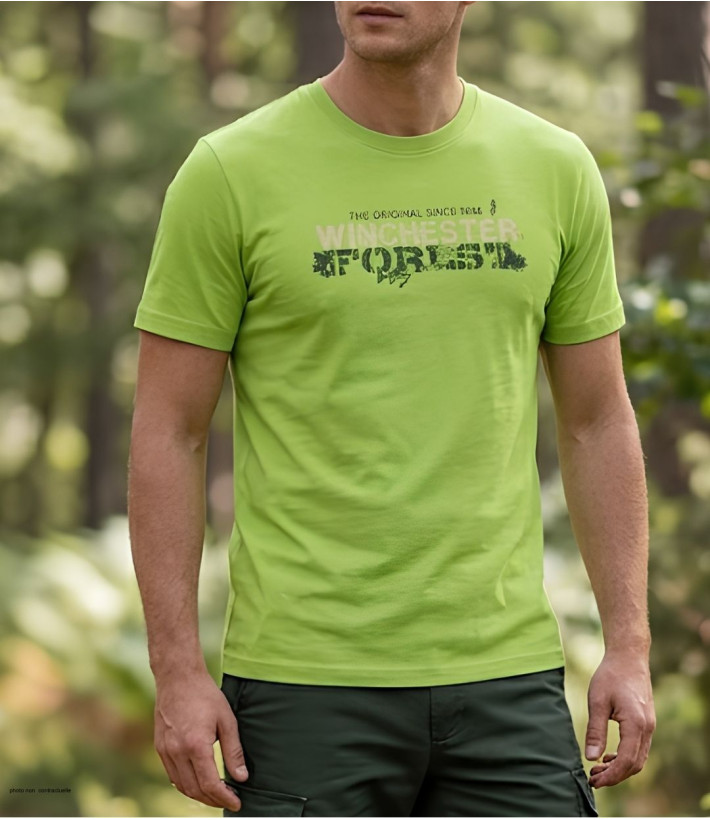 Tee-shirt à manches courtes pour homme vert anis en coton jersey avec sérigraphie poitrine modèle SMOCKY2 Winchester.