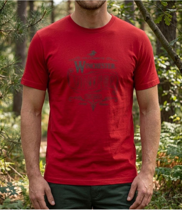 Tee-shirt à manches courtes pour homme rouge en coton avec sérigraphie poitrine modèle STARK2 Winchester.