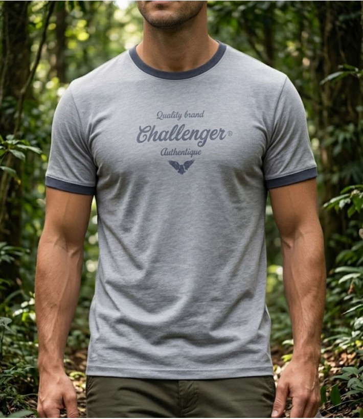 Tee-shirt manches courtes gris pour homme en coton flammé texturé avec bords-côtes contrastés modèle SAGARO2 Challenger.