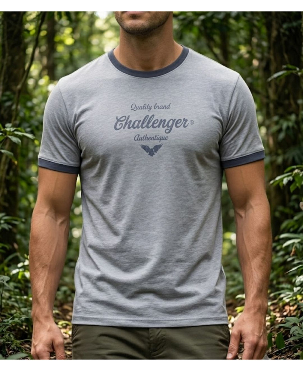 Tee-shirt manches courtes gris pour homme en coton flammé texturé avec bords-côtes contrastés modèle SAGARO2 Challenger.