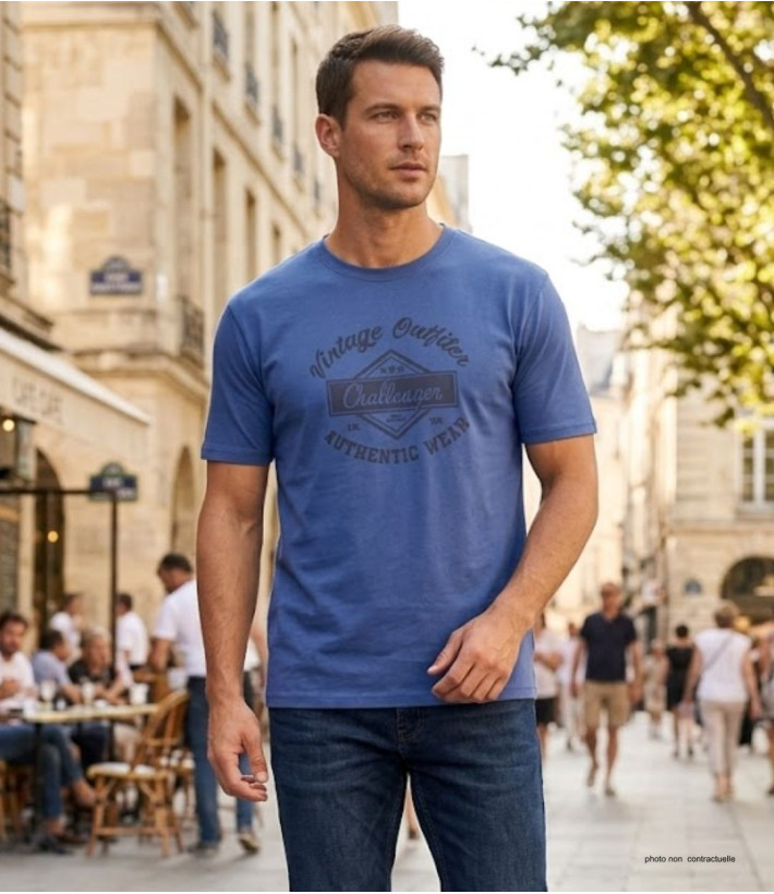 CHALLENGER TEE3003A - Tee-shirt bleu imprimé pur coton