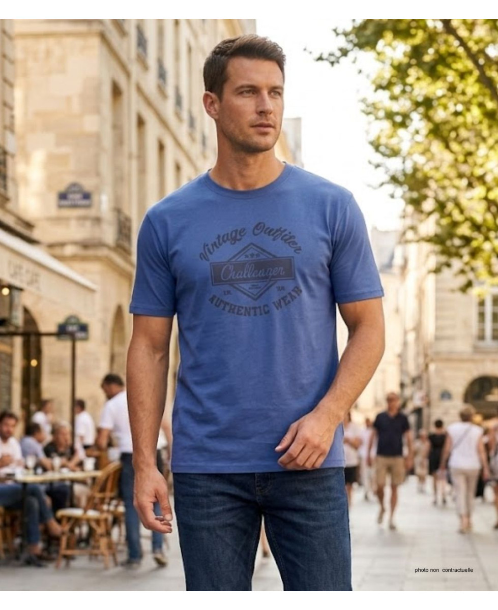 CHALLENGER TEE3003A - Tee-shirt bleu imprimé pur coton