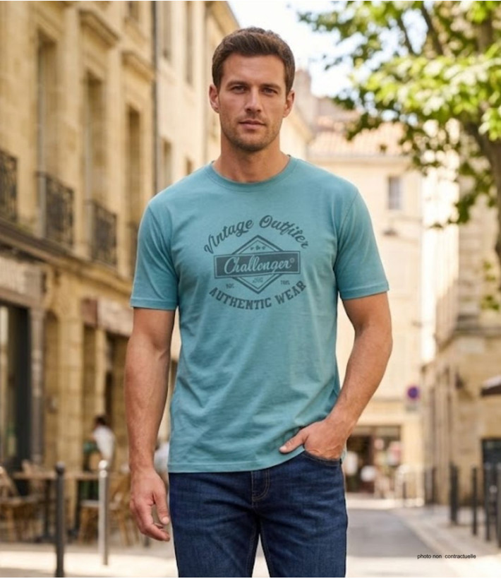 CHALLENGER TEE3003B - Tee-shirt vert imprimé pur coton