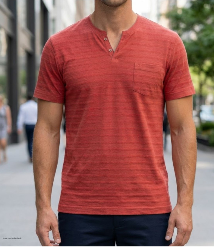 Tee-shirt CHALLENGER A2108A Col Ouvert Coton Slub Rouge