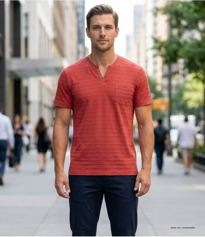 Tee-shirt CHALLENGER A2108A Col Ouvert Coton Slub Rouge