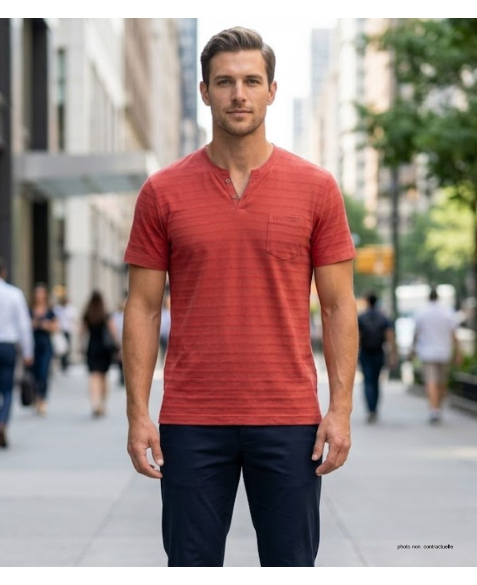 Tee-shirt CHALLENGER A2108A Col Ouvert Coton Slub Rouge