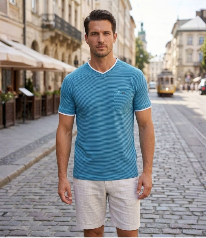WINCHESTER SERPICO1 — Tee-shirt col V bleu en pur coton