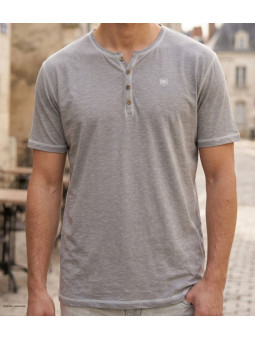 CHALLENGER SPINOSA4 — Tee-shirt col boutons gris coton flammé