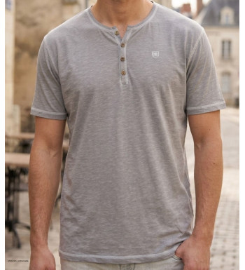 CHALLENGER SPINOSA4 — Tee-shirt col boutons gris coton flammé