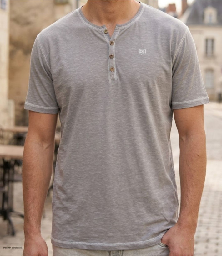 CHALLENGER SPINOSA4 — Tee-shirt col boutons gris coton flammé