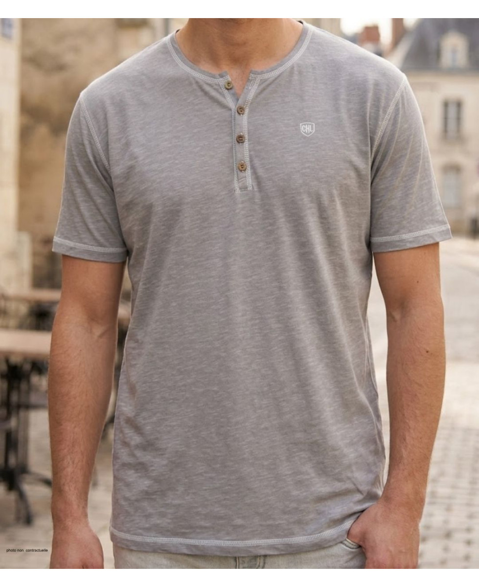 CHALLENGER SPINOSA4 — Tee-shirt col boutons gris coton flammé