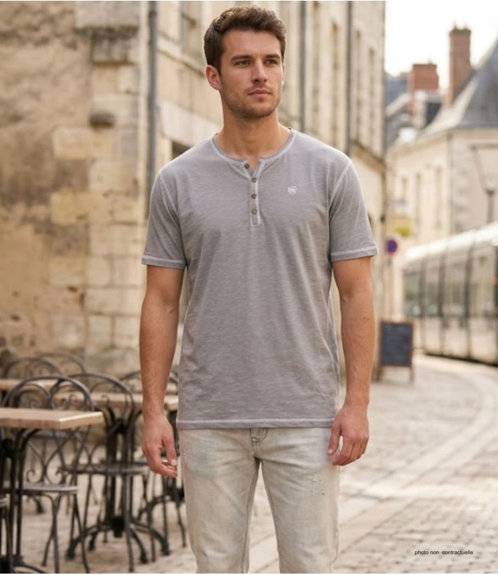 CHALLENGER SPINOSA4 — Tee-shirt col boutons gris coton flammé